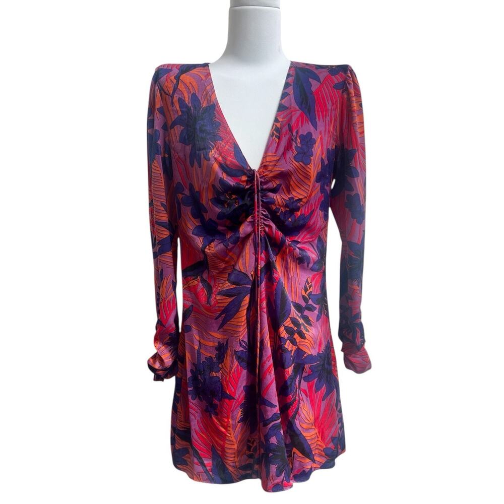 Zara Womens Sz S Floral Print Long Sleeve Satin Dress V Neck Ruched Front